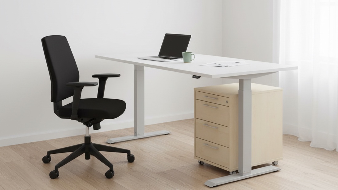 Höj- och sänkbart skrivbord i höjt läge med svart ergonomisk kontorsstol och hurts i björk